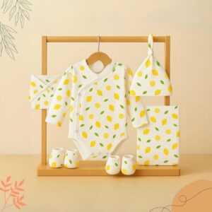 Organic Cotton Baby Essentials Gift Set | Baby Shower Gift Hamper | Baby Clothing Gift Combo | Lemon | Pack of 6