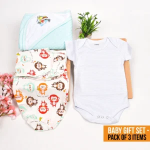 Newborn Organic Cotton Velcro Swaddle Wrap Gift Set of 3 Items - Blue