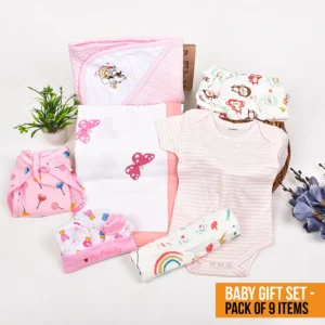 Newborn Organic Cotton Velcro Swaddle Wrap Gift Set of 9 Items - Pink