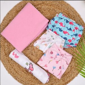 Baby Unisex Nappy Combo 1 Dry sheet, 1 Padded Underwear, 1 Muslin Nappy, 1 Cushioned Nappy, 1 Muslin Swaddle | 0- 12 Months | Multicolor