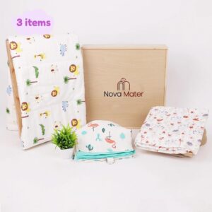 Newborn Baby Gift Hamper | Baby Shower Gift Hamper | Baby Essential Gift Set | AC Quilt, Feeding Apron & Muslin Swaddle Set | Pack of 3