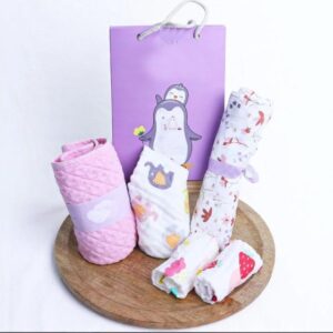 Organic Cotton Baby Essentials Gift Set | Baby Shower Gift Hamper | Towel & Swaddle Combo | 0- 1 Years | 5 Items | Girls
