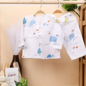Baby Unisex Organic Cotton Muslin Full Sleeves Jhabla & Pajama | Blue Whale