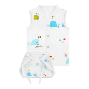 Jhabla and Nappy for New Born Baby | Baby Unisex Organic Cotton Muslin Jabla and Langot Set | Sleeveless Button Vest | Blue Whale