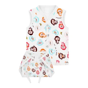 Jhabla and Nappy for Newborn Baby | Baby Unisex Organic Cotton Muslin Jabla and Langot Set | Sleeveless Button Vest | Monkey