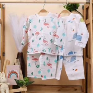 Baby Unisex Organic Cotton Muslin Full Sleeves Jhabla & Pajama | Blue Whale, Flamingo | Set of 2