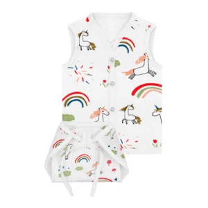 Jhabla and Nappy for Newborn Baby | Baby Unisex Organic Cotton Muslin Jabla and Langot Set | Sleeveless Button Vest | Unicorn