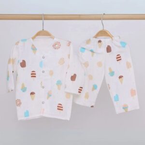 Organic Cotton Muslin Full Sleeves Jhabla & Pyjama for Newborn | 0-12 Months | Icecream