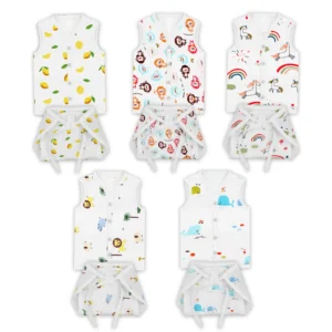 Jhabla and Nappy for Newborn Baby | Baby Unisex Organic Cotton Muslin Jabla and Langot Set | Sleeveless Button Vest | Lemon, Monkey, Lion, Unicorn, Blue Whale | Pack of 5