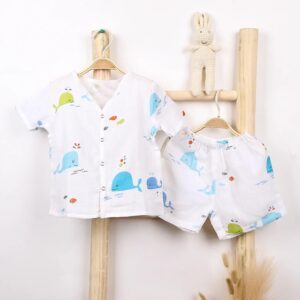 Kids Organic Cotton Muslin Co-Ord Set | Shirt & Shorts | Blue Whale