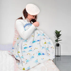 Organic Cotton Muslin Nursing Cover for Breastfeeding | Feeding Apron | 100x70 CM | Blue Whale