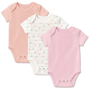 Newborn Baby Organic Cotton Half Sleeves Onesie | Newborn Baby Clothes | Baby Half Sleeve Cotton Sleepsuits | Peach, Heart, Pink | Pack of 3