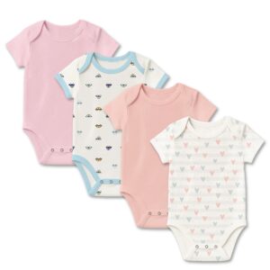 New Born Baby Organic Cotton Half Sleeves Onesie | New Born Baby Clothes | Baby Half Sleeve Cotton Sleepsuits | Pink, Car, Peach, Heart | Pack of 4