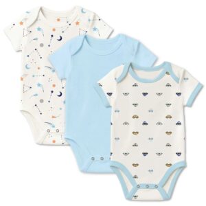 New Born Baby Organic Cotton Half Sleeves Onesie | New Born Baby Clothes | Baby Half Sleeve Cotton Sleepsuits | Car, Blue, Galaxy | Pack of 3