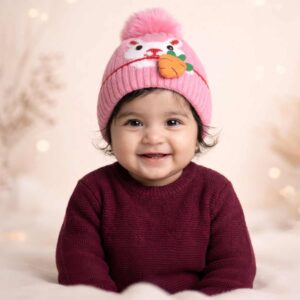 Winter Warm Woolen Baby Cap For 0–12 Months | Soft Infant Beanie Hat | Newborn Winter Headwear | Pink