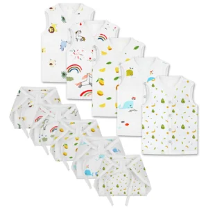 Jhabla and Nappy for New Born Baby | Baby Unisex Organic Cotton Muslin Jabla and Langot Set | Sleeveless Button Vest | Pack of 5