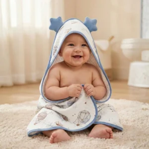 Organic Cotton Baby Hooded Bath Towel With Band | Super Soft & Quick Dry Newborn Towel | 0-18 Months