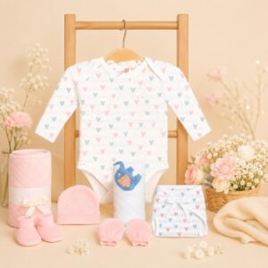 Organic Cotton Baby Essentials Gift Set | Baby Shower Gift Hamper | Baby Clothing Gift Combo | Pack of 7