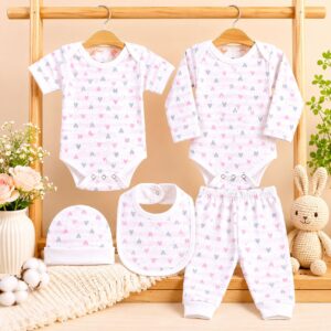 Baby Essential Gift Set | Baby Clothing Gift Combo | Pack of 5 | Little Hearts | 0-3 months